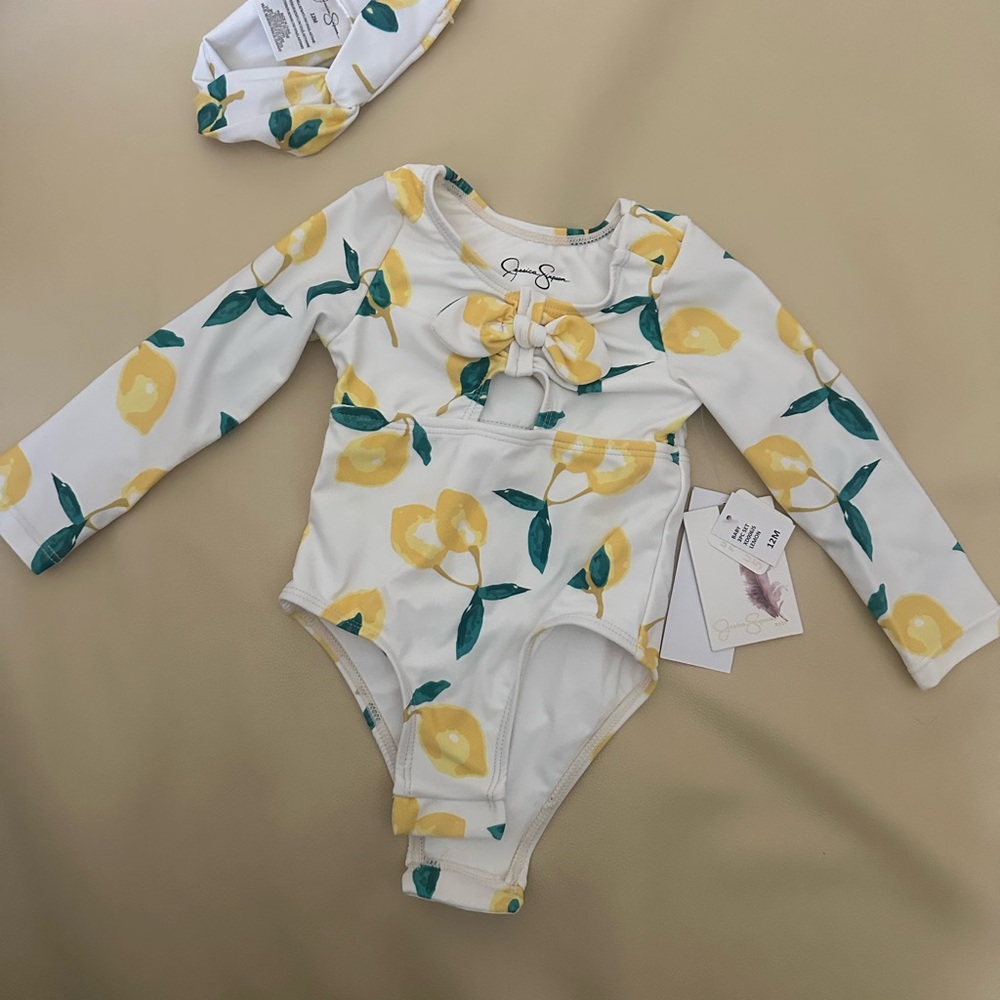 Lemon Print Baby Swimsuit with Headband